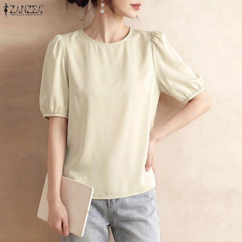 ZANZEA Lässige Bluse mit Rundhalsausschnitt, einfarbig, locker und kurzärmelig für Damen