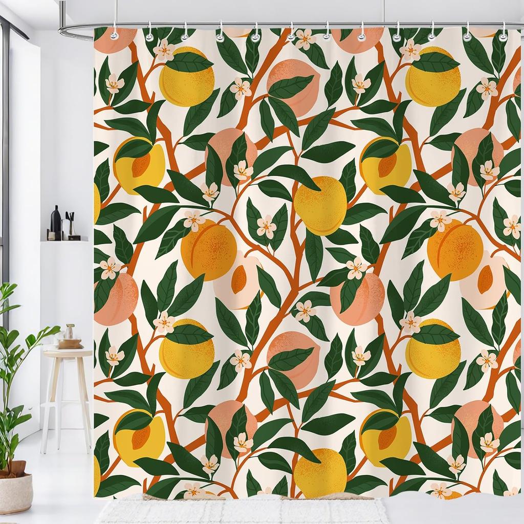 Peach Shower Curtain with Vibrant Cute Bright Colorful Fruit Design, Pink and Orange Home Decorative Fabric Bath Curtain