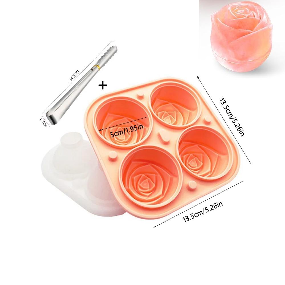 Silicone Rose Ice Cube Mold 3D Flower Shape Ice Cube Tray with Lid Ice Ball Maker for Cocktails Juice Whiskey Kitchen Gadget