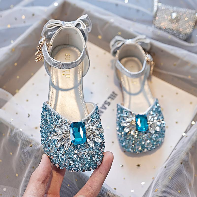 Girls princess shoes 2025 new silver soft sole children's crystal shoes summer bag head rhinestone girls shoes performance shoes