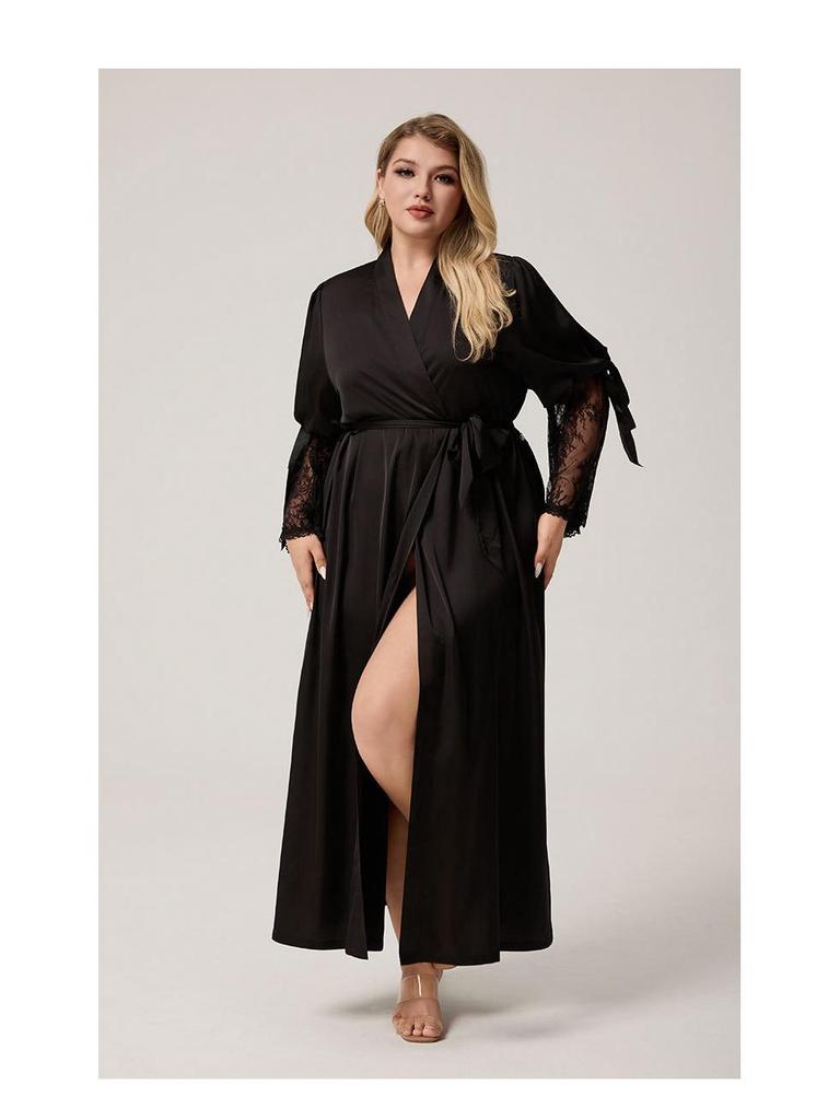Yaoting Satin Chiffon Spitzenbesatz Übergröße Damen Morgenmantel - Langarm Frühling/Herbst Pyjama, CP3815