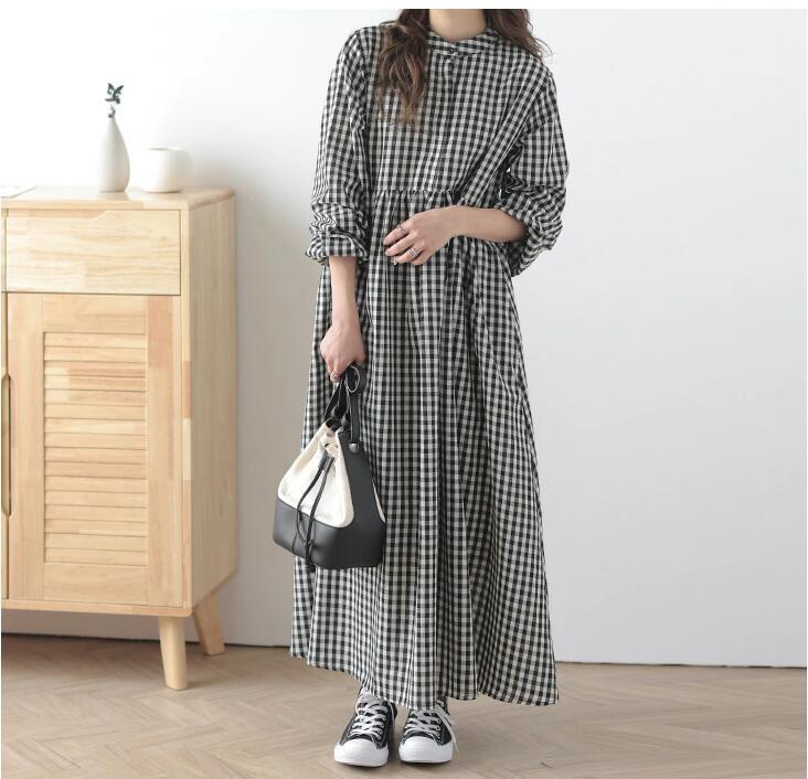 

Spring and summer new long-sleeved striped plaid small fresh single-breasted loose knee dress one size