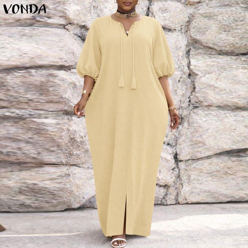 VONDA Women O Neck Half Sleeve Solid Color Casual Loose Baggy Maxi Dress Robes