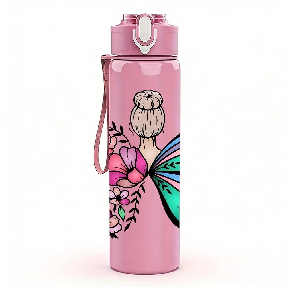 1PC Gradient Butterfly With Rose Print 750ml Color Plastic Sports Water Bottle Leakproof Flip Straw Lid Suitable for Sports Office Home Use