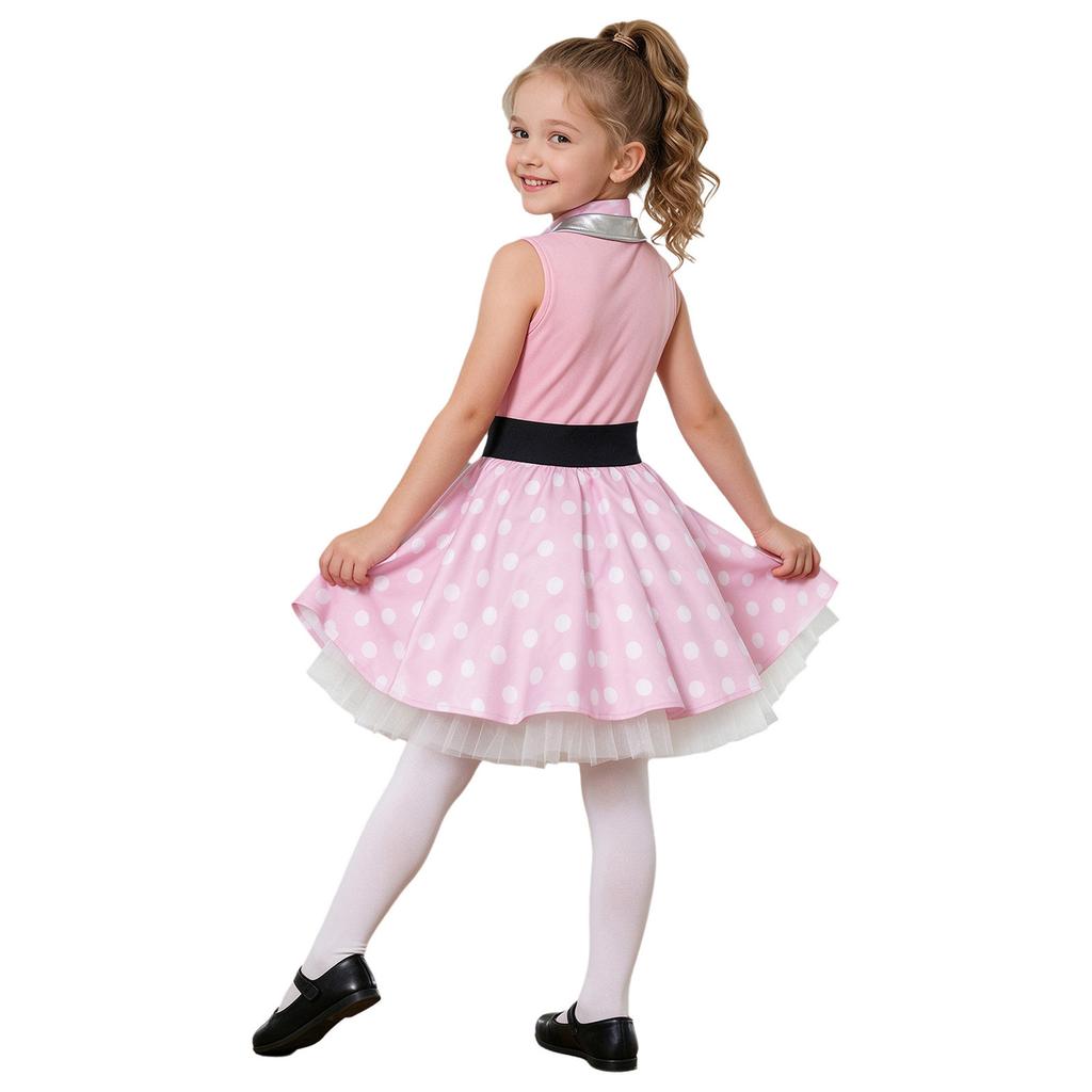 Kids Girls 50s Vintage Polka Dot Dress Metallic Lapel Collar Sleeveless with Neck Scarf for Retro Birthday Halloween Theme Party