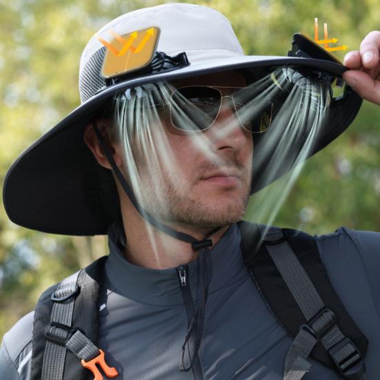 Fisherman Hat, Outdoor Sun Hat with Dual Power Solar USB Rechargeable Fan, Wide Brim Sun Protection Hat for Fishing Camping Hiking Gardening