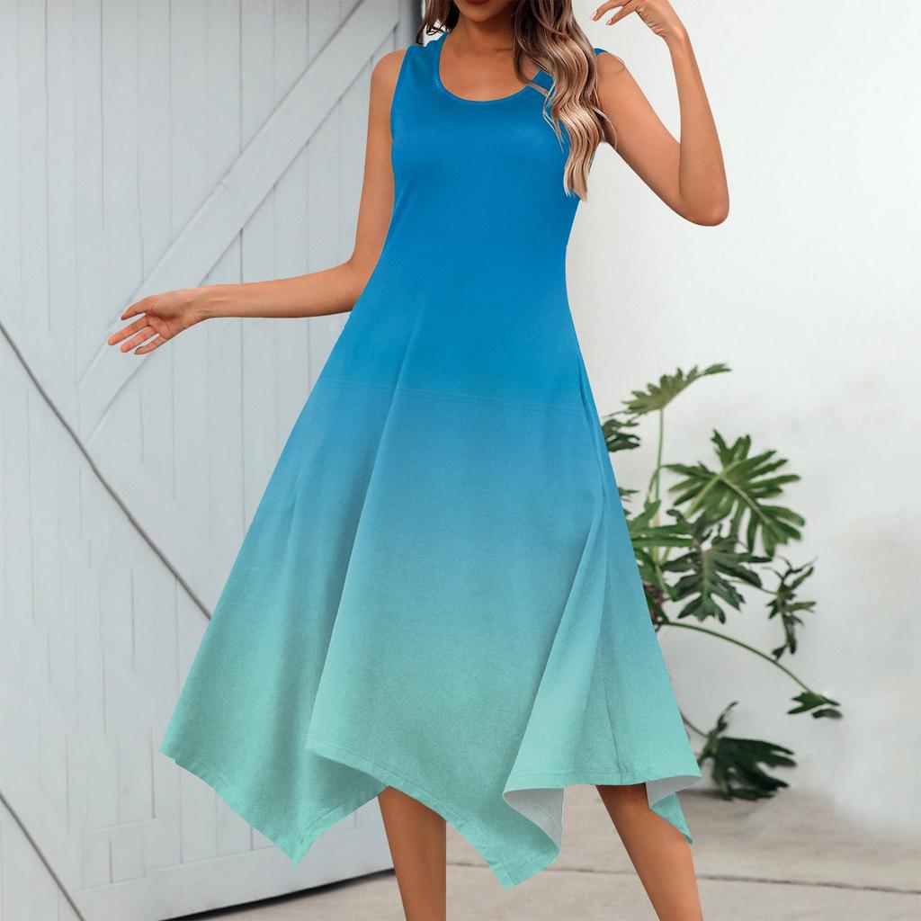 Women's Casual Fashion Round Neck Sleeveless Print Irregular Hem Midi Dress