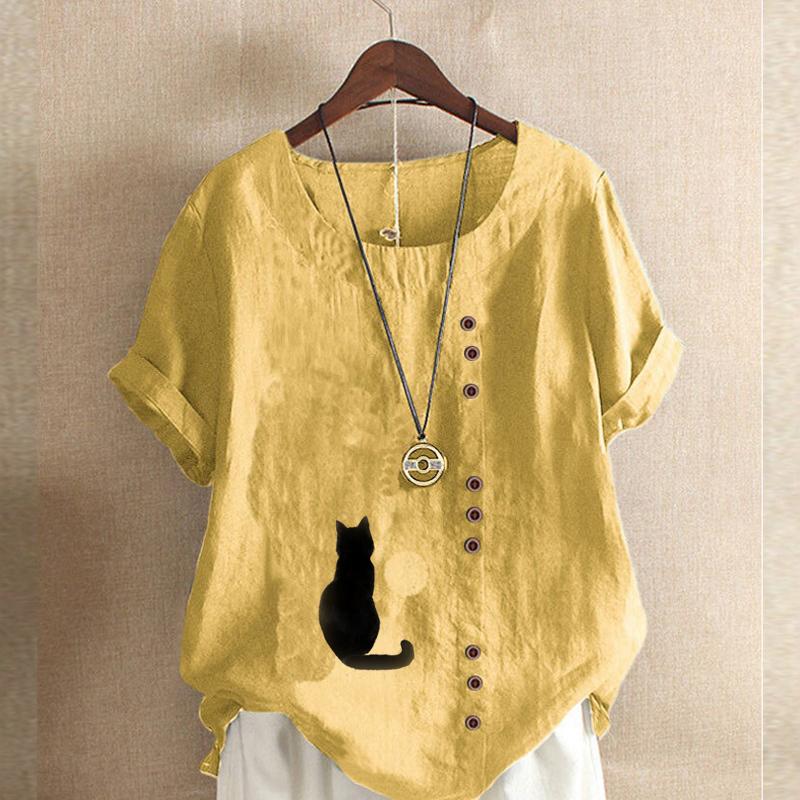 Dámská móda Tričko s kulatým výstřihem Krátký rukáv Neformální Bavlna Lněná Grafická Košile Volný Volný Letní halenka Černá kočka s potiskem