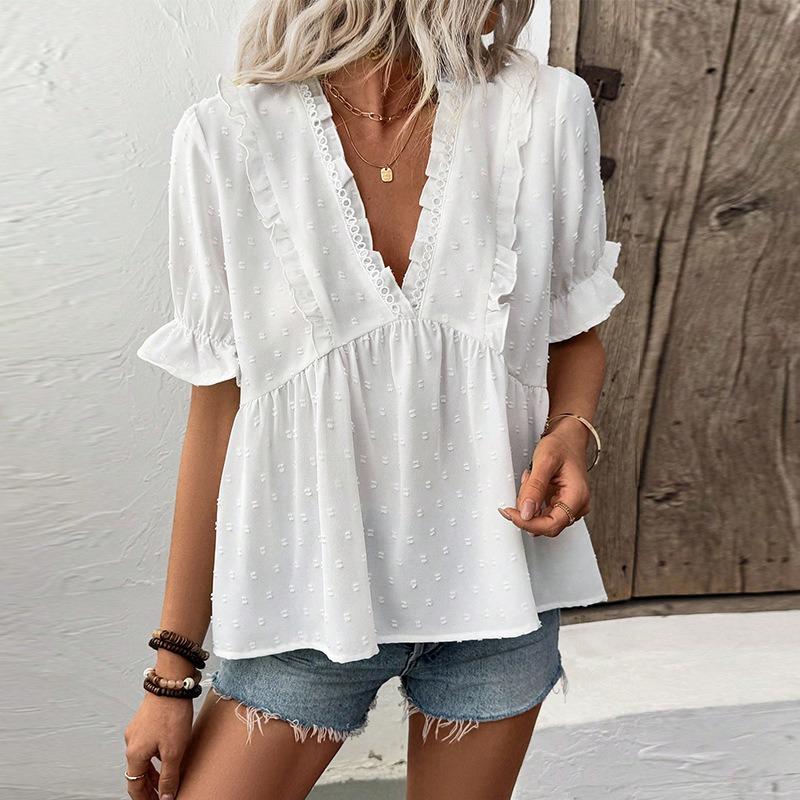 

Vacation Style Short Sleeved Lace Ball Shirt XL білий