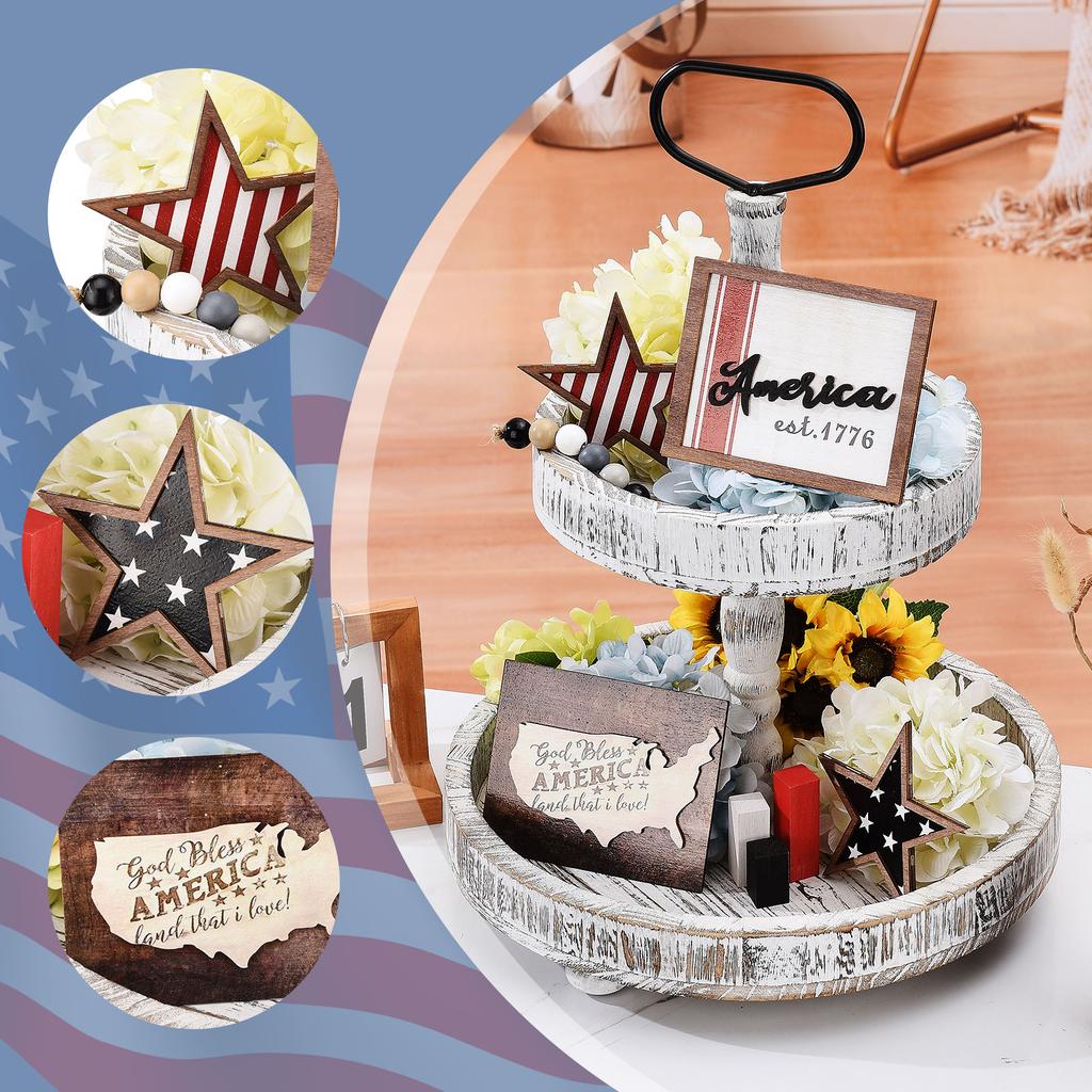 Patriotic Tiered Tray Decor Delicate Engraving Craft Solid Wood Farmhouse Patriotic Tray Decor for Home Table