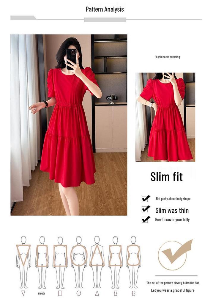 2026 Summer Women's Plus Size Red A-Line Short-Sleeve Waist-Cinched Dress