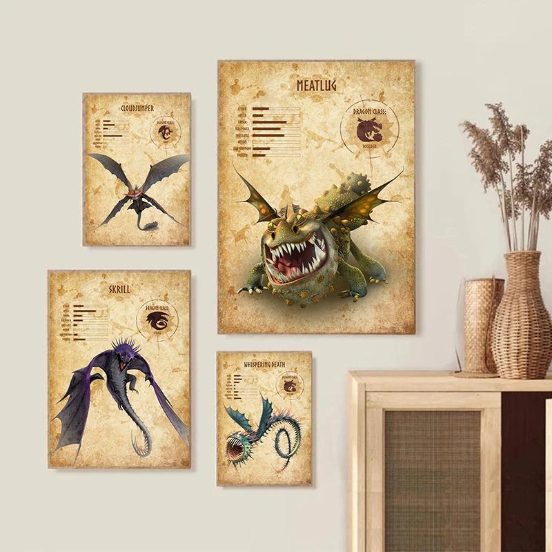 Vintage Art Dragon Species Posters and Prints Canvas Paintings Retro Anime Dragon Wall Art Pictures for Home Wall Decor Mural