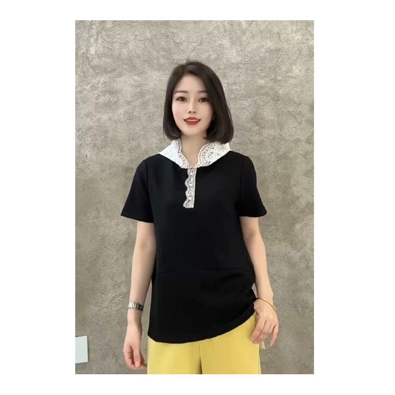 

Very Gentle! Floral Lace Hooded Single-Breasted Short Sleeve Air Cotton Summer Hoodie Stylish Women s New T-shirt Black L