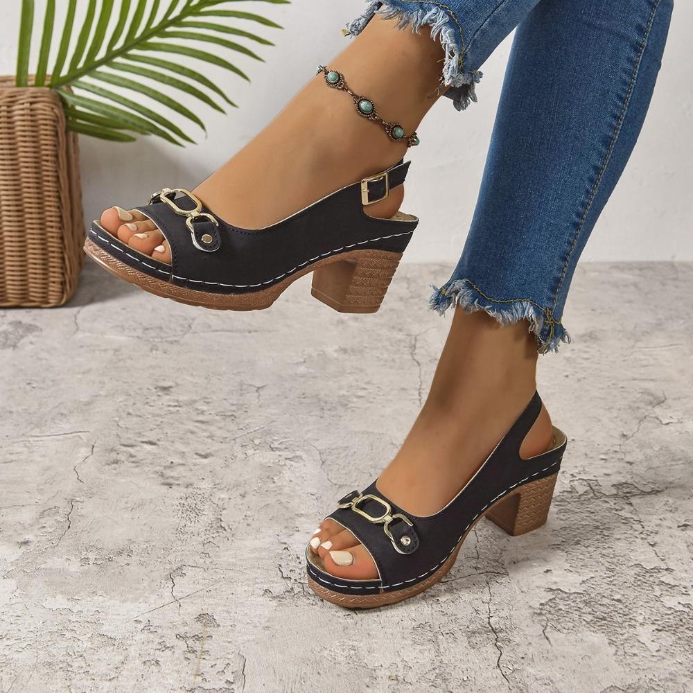 Elegant Ladies Peep Toe Pumps Summer Fashion Back Strap High Heels Shoes Woman Fashion Metal Buckle Comfortable Sandals