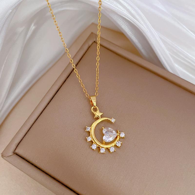 Moon Star Love Light Luxury Temperament Gorgeous Full Diamond Necklace Female Versatile Collarbone Chain Titanium Steel Chain
