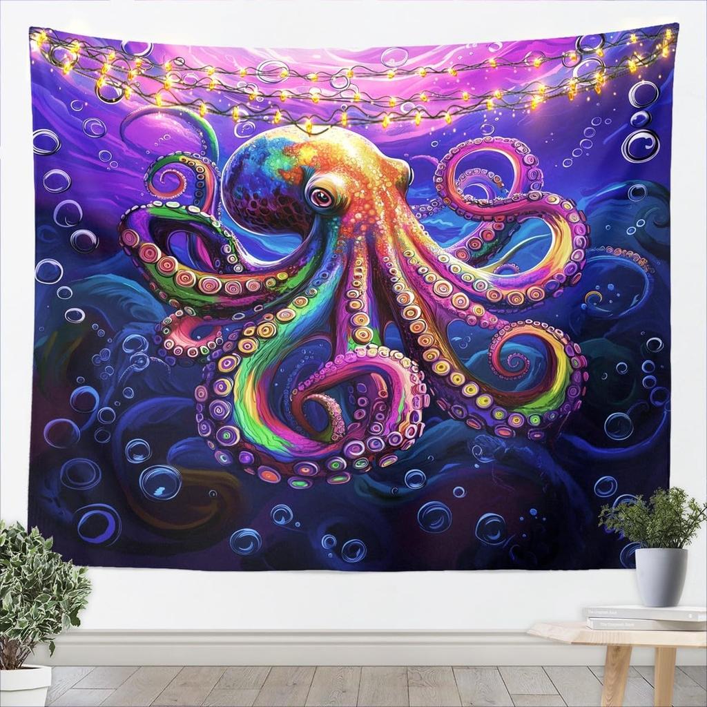 Neon Octopus Tapestry, Calming Wall Art with Rainbow Octopus, Bubbles & Dark Purple Ocean, Ideal for Home & Trippy Spaces