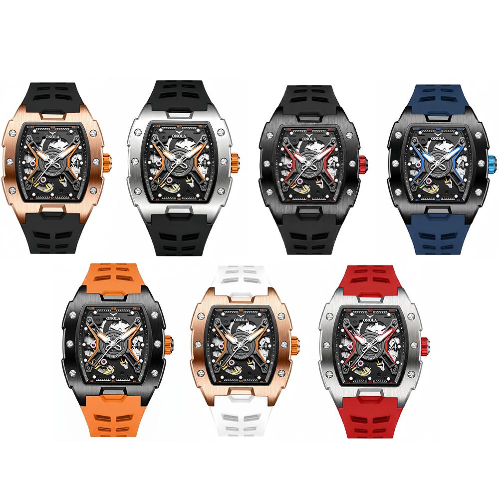 Luminous Skeleton Self Winding Mechanical Watches for Men Tonneau Shape Waterproof Sports Watch Rubber Strap