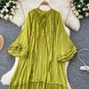 Lanterna Vintage Allacciatura Ruffle Vestito Maniche Lunghe Elegante Ampio Scollo O Moda Coreana High Street Abbigliamento Donna