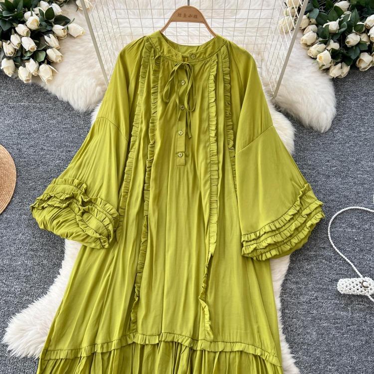 Lanterna Vintage Allacciatura Ruffle Vestito Maniche Lunghe Elegante Ampio Scollo O Moda Coreana High Street Abbigliamento Donna