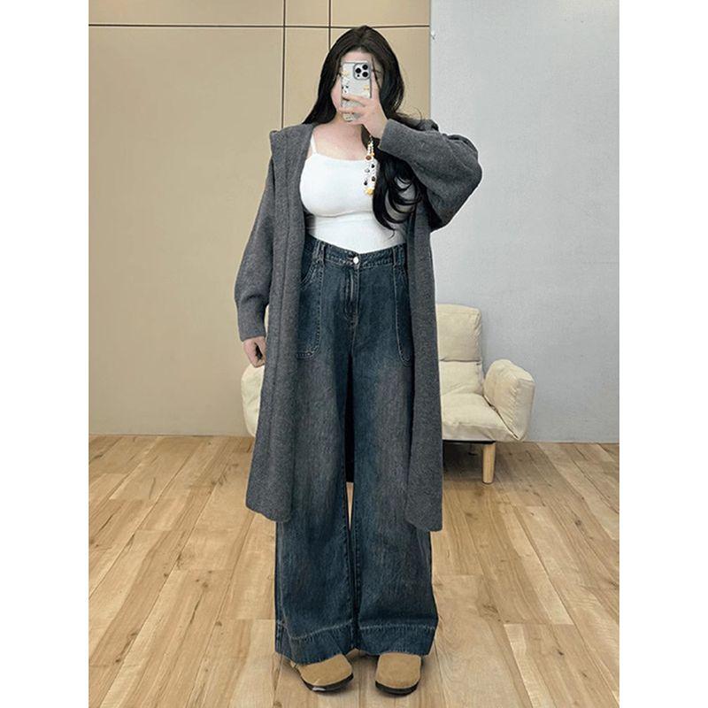 150kg Plus-Size Women's Retro Wide-Leg Jeans, New Spring Style Pants for Women, Slimming Straight-Leg Floor-Length Pants for Plus-Size Women