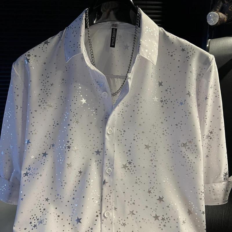 Herren Hemd mit Sternenprint Kurzarm Revers Knopfleiste Lässig Party Glitzer Hemd für Herren