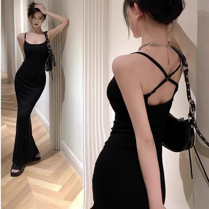 Choke Girl Pure Wind Blue Halter Suspender Dress Women's Summer Sexy Slim Fishtail Dress Long Skirt