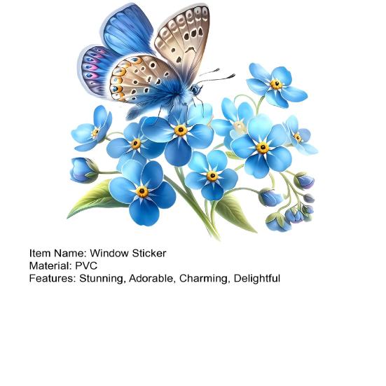 Pegatina de Ventana de Vidrio Flor Nomeolvides Mariposa Azul Flores Adhesivo de Ventana Calcomanía de PVC Estática Extraíble para Baño Cocina Decoración del Hogar