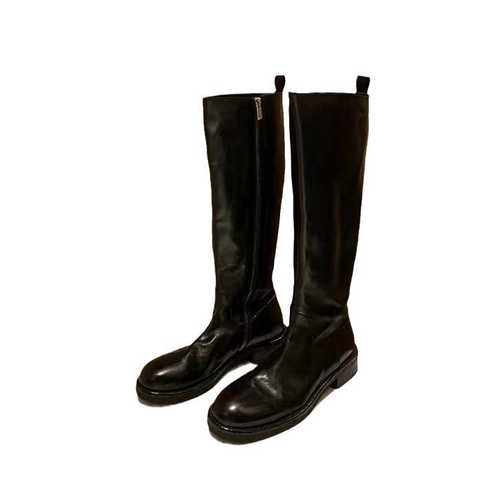 Grape mother same style, twilight Paris~ horse leather round head thick heel side zipper thick-soled knight boots high boots