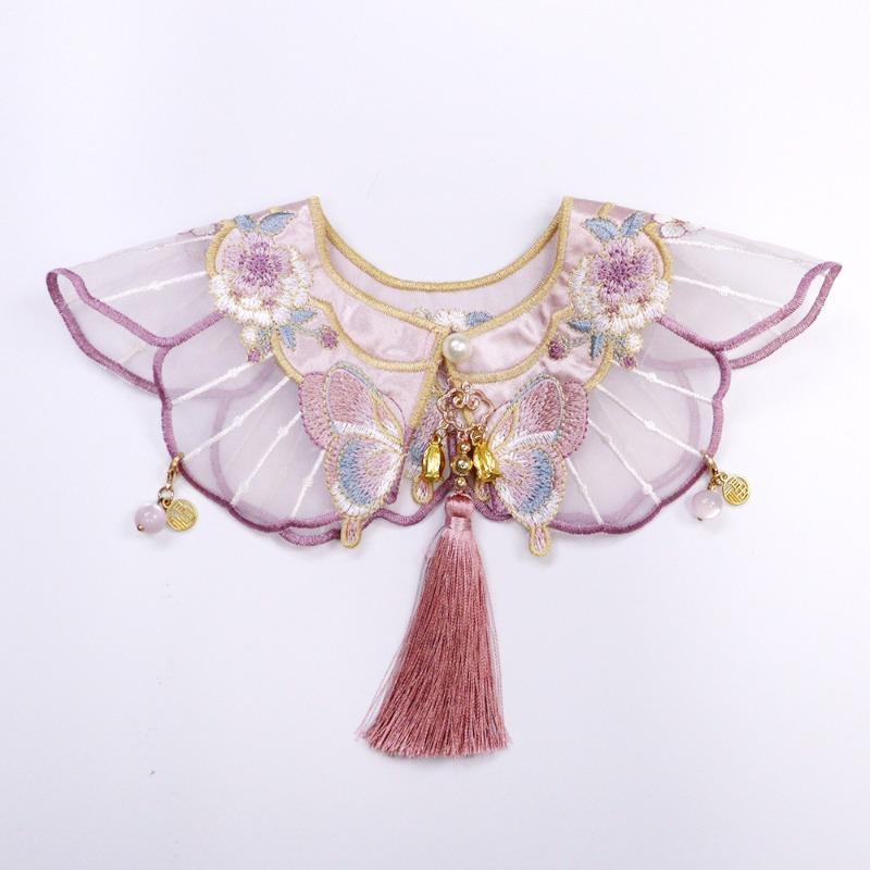 

New Cat-themed Hanfu Accessories - Pet Cloud Collar with Pink and Purple Butterfly Embroidery and Flowy Fringes - Doggy Bib L рожевий/фіолетовий