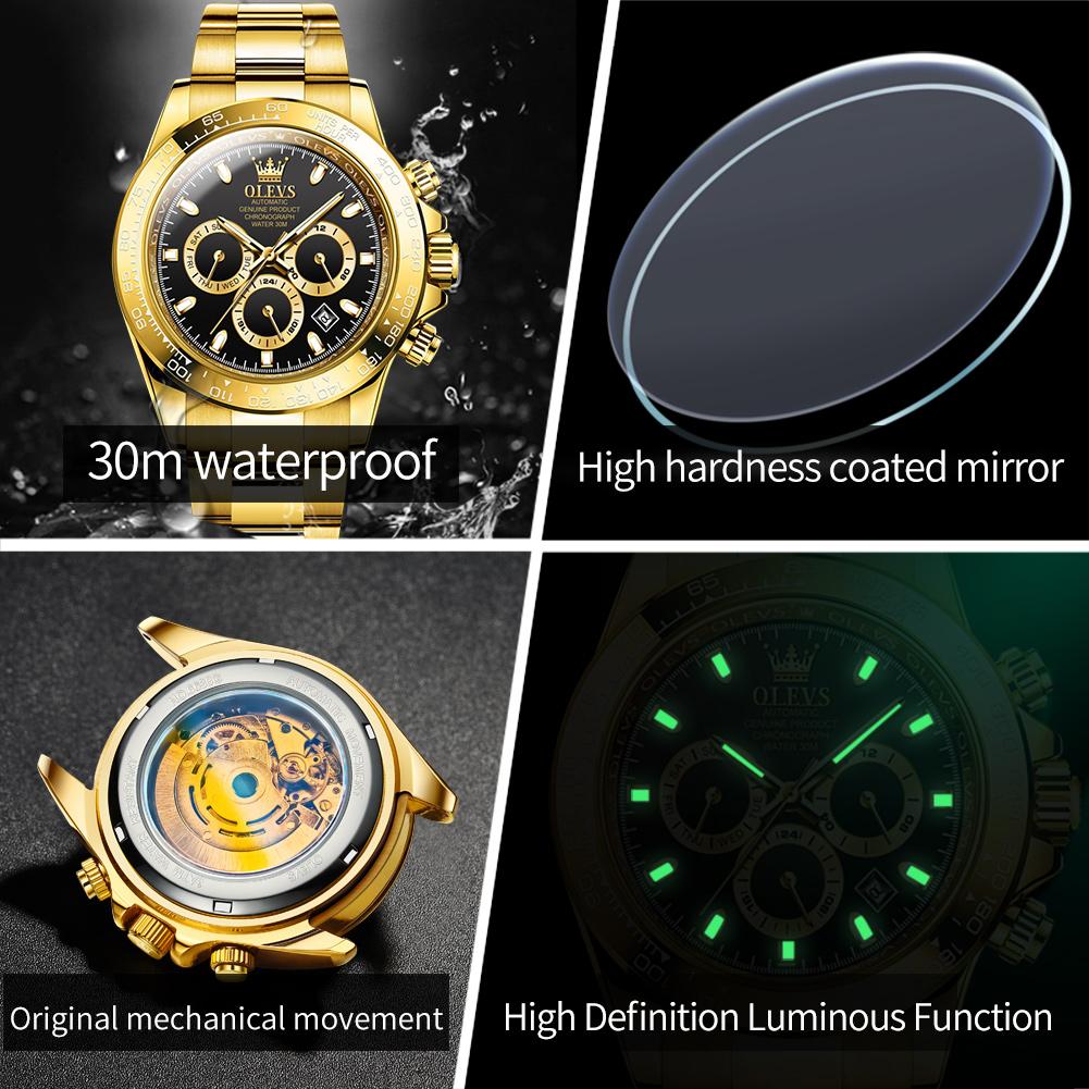 OLEVS Uhren für Herren Original Edelstahl Chronograph Wasserdicht Leuchtend Datum Luxus Automatisch Mechanisch Herrenuhr 6638