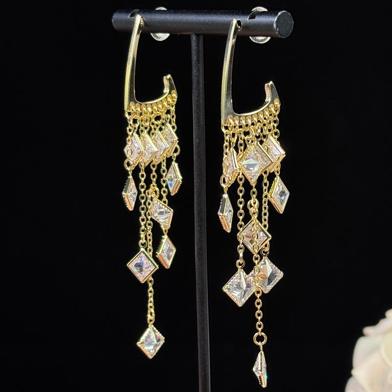 Used Silver Zircon Tassel Rhombus Earrings - Fashionable, Retro, Versatile, High-End Luxury for Women
