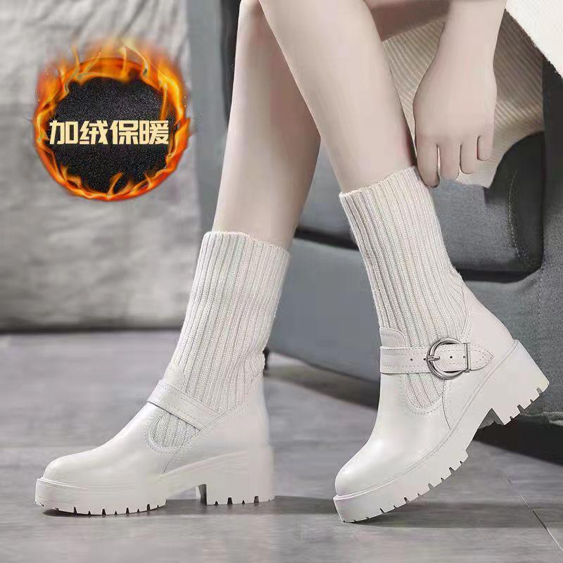 Fashion Shoes for Women Winter Fashion Knitting Velvet Ankle Boots Women Korean Lace-up Platform Botas Warm Square Button Botas De Mujer