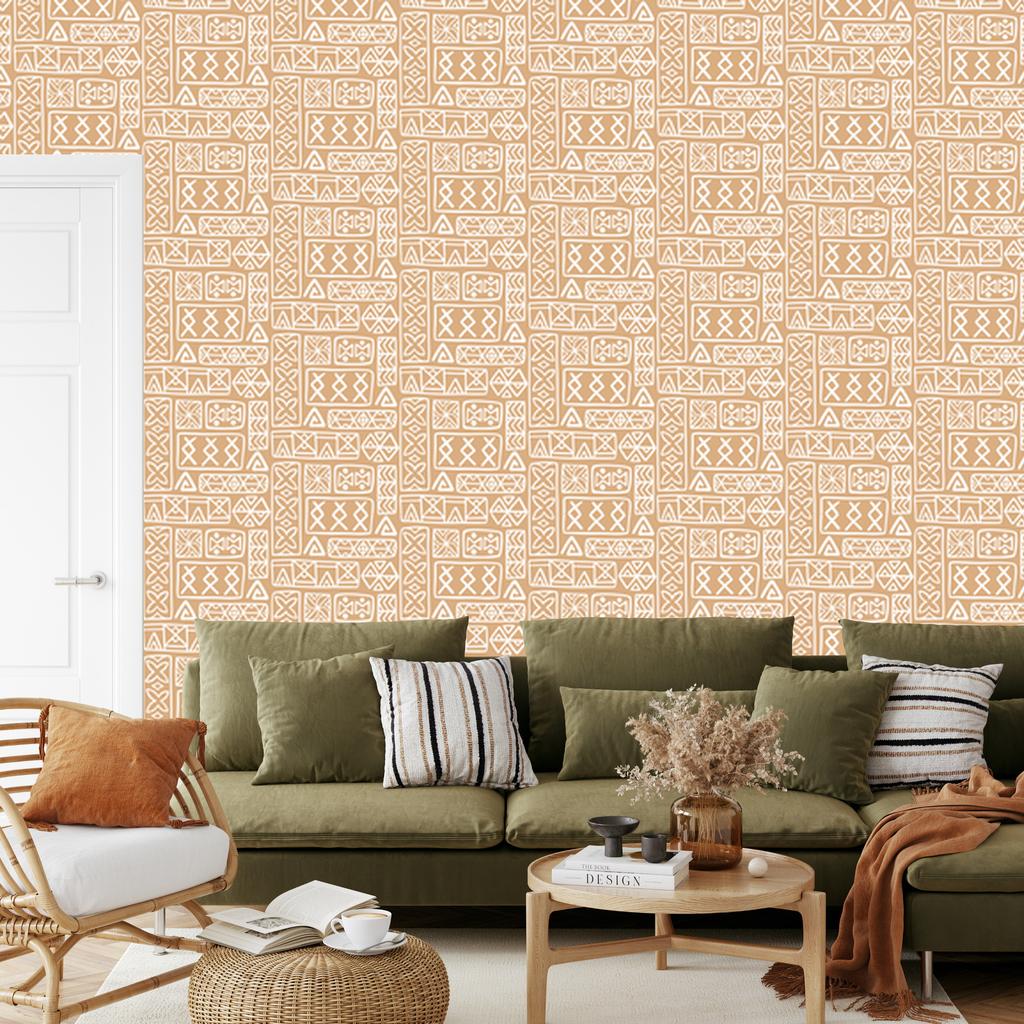 Polynesian Geometric Pattern Wallpaper Cream and Gold 50x1000