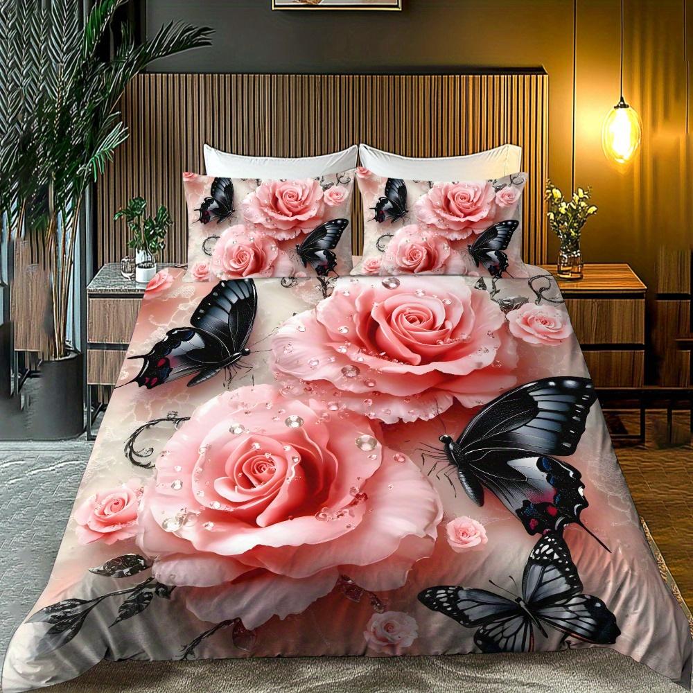 Pink Rose Black Butterfly Bedding Set Romantic 3D Print Duvet Cover Pillowcase Breathable Wrinkle-Free For Valentine Bedroom