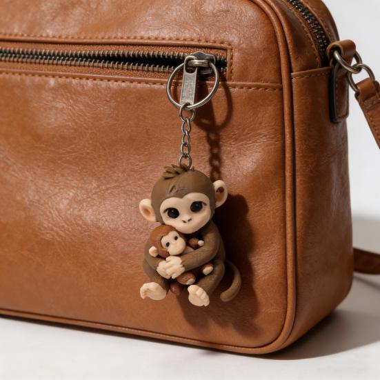 3D Printed Monkey Keychain Cute Monkey Holding Plush Toy Hanging Keychain for Backpack Car Keys Gift for Kids