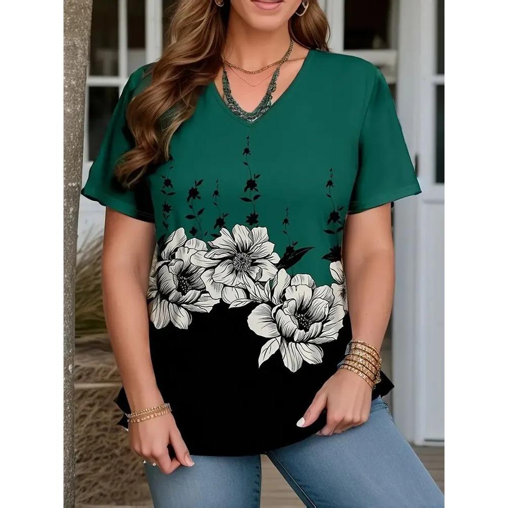 Summer V-neck Flower Pattern 3D Printed Top Fashionable Casual Short Sleeved Plus Size Women's T-shirts