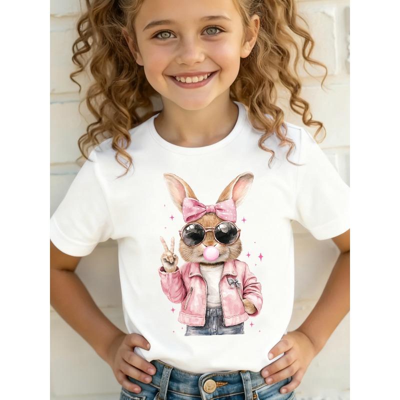 Europäische Größen Mädchen T-Shirt mit kurzen Ärmeln | Oster Sommer Mode - mit Schleife, Modebrille und Blasenblasendem Hasen Cartoon-Print - Lässiges Oberteil
