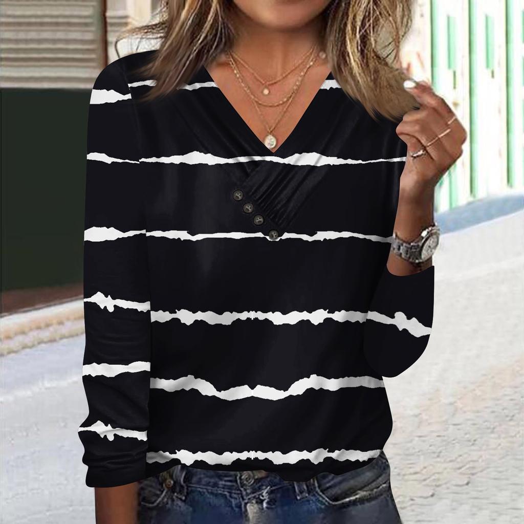 Womens Long Sleeve Tops Fall V Neck Long Sleeve Blouses Loose Fit Button Prints Casual Tees Clothes