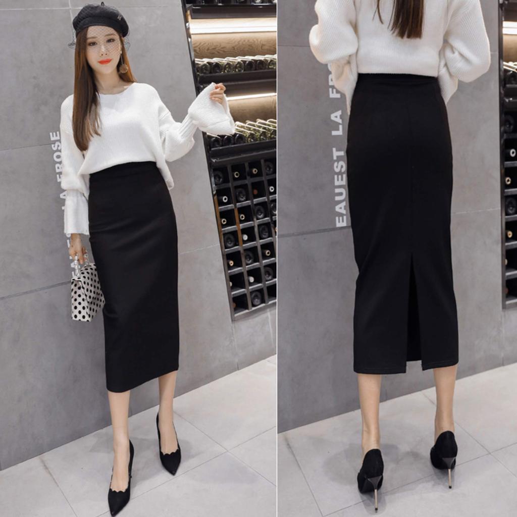 Unibayes Black Mini to Long Tight Skirt with Office Skirt Black Women's Slits, Stretch, (L, 03)