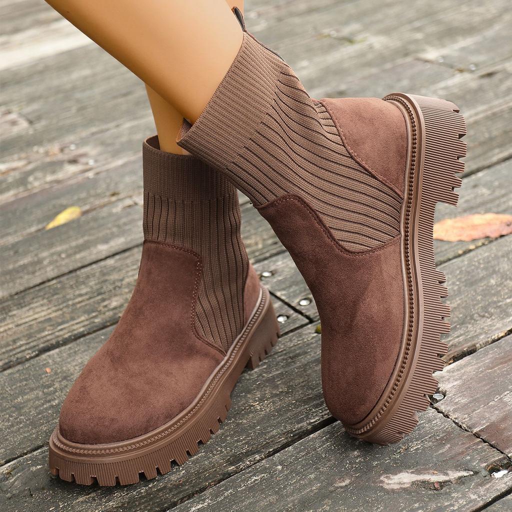 Women's Heel Round Toe Knit Patchwork Boots British for Fall Winter