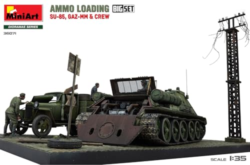 Miniart 1/35 Scale Soviet Ammunition Loading Big Set: SU-85 Self-Propelled Gun, GAZ-MM Medium Truck, and 6 Crew Members, Plastic Model Kit MA36071