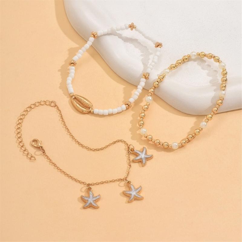 Bohemian Styles Shell Anklets Set with Starfish and Cowrie Charm Adjustable Beach Foot Jewelry for Women