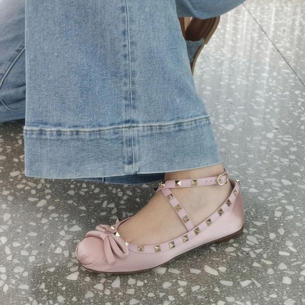 Fashion NEW French Style Rivets Bandage Round Toe Women's Bow Silk Satin Ballet Flat Spring/Autumn Flats Bow Princess Girls Women Shoes