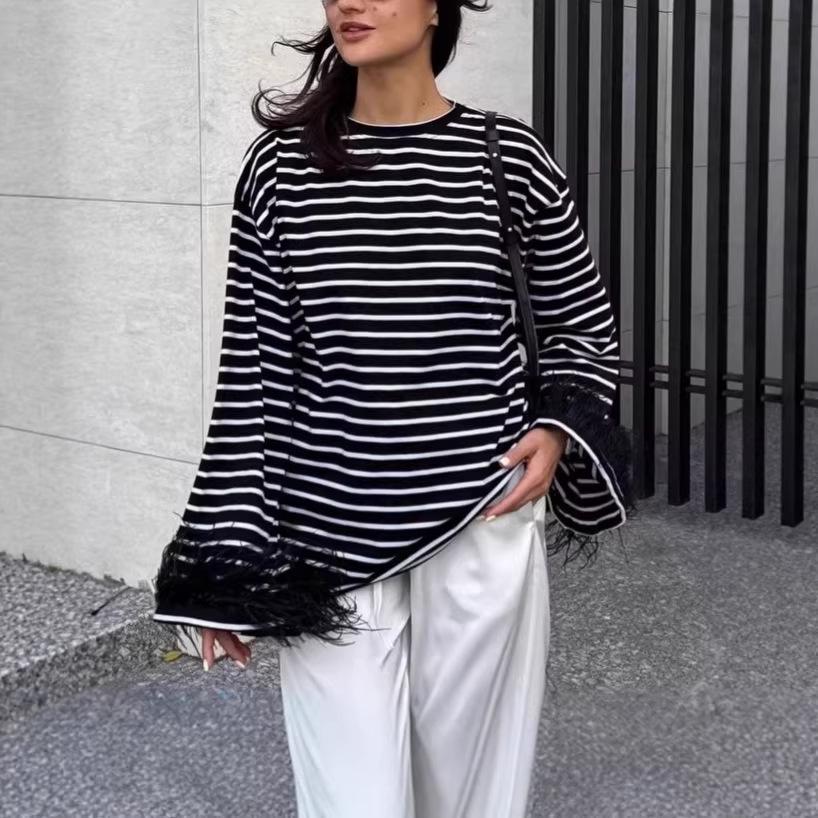 Γυναικείο Μακρυμάνικο T-shirt με Φαρδιές Μανσέτες και Ένθετα Γούνας - Ευρωπαϊκό και Αμερικανικό Στυλ, Συλλογή Άνοιξη 2026