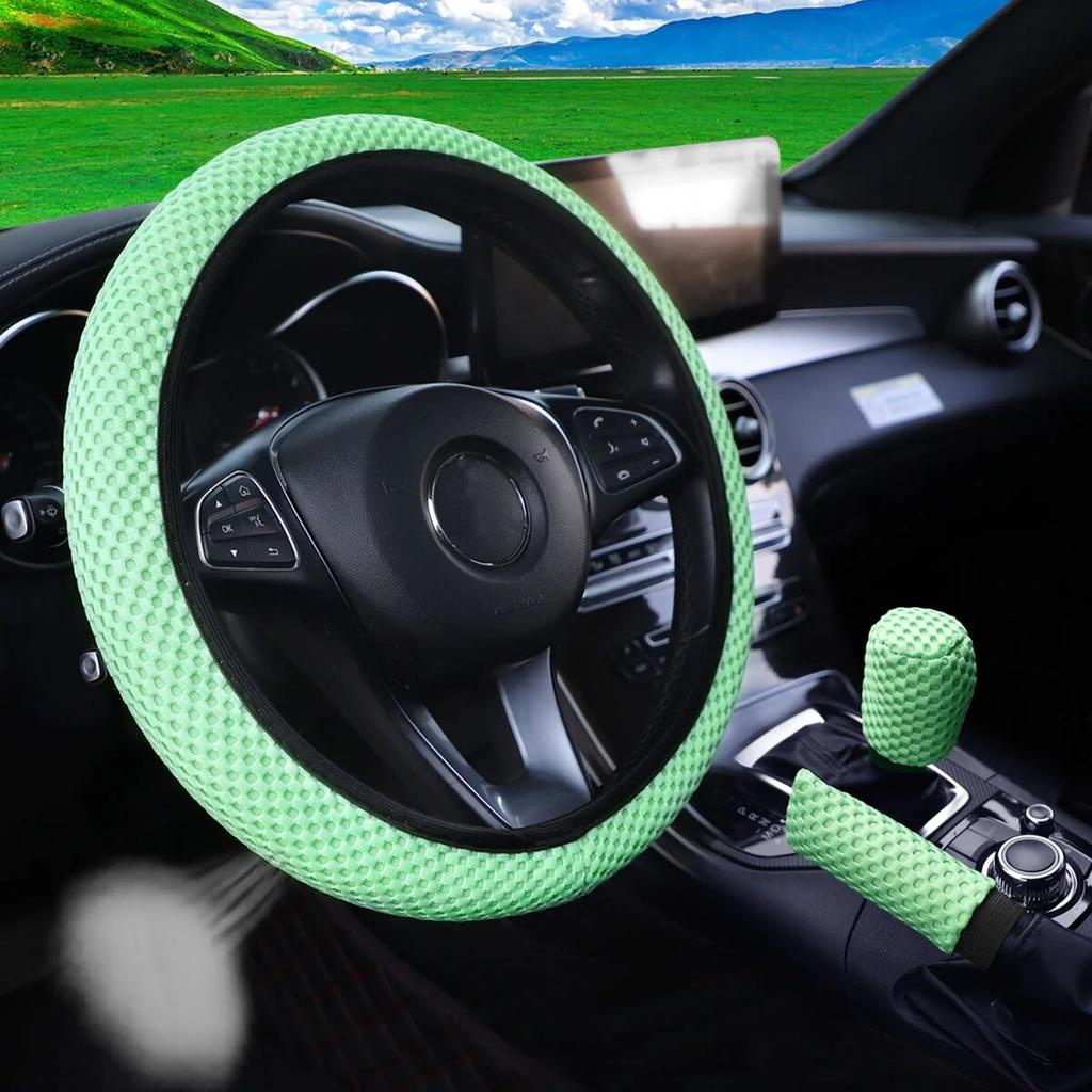 3-piece Massage Mesh Cloth Breathable Car Without Inner Ring Steering Wheel Cover Handbrake Cover Handle Cover 14.5-15INCH