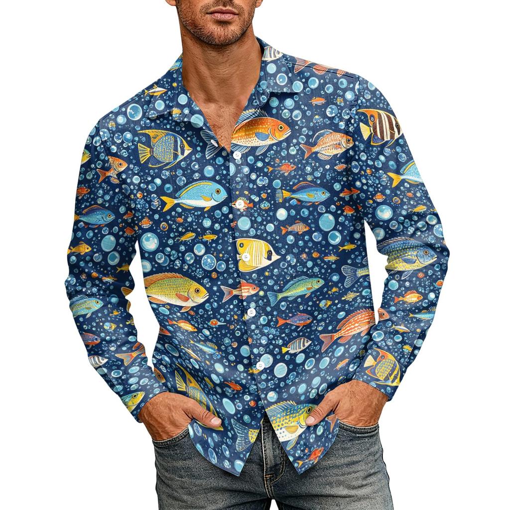 Men's Loose Fit Long Sleeve Shirt Hawaiian Style Retro Casual Button Down Shirt with Spread Collar Suitable for Spring and Autumn Wear