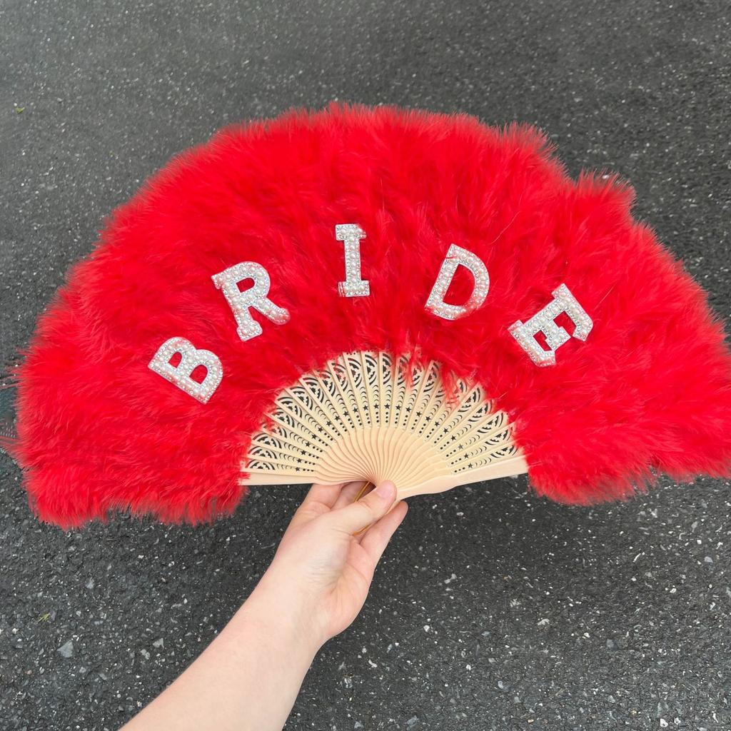 Bridal Accessories, Pearls, English Letters, Bride,White, Feather Folding Fan, Bachelor Party, Bride's Wedding Gift