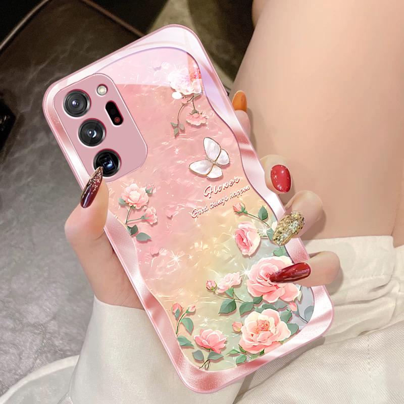 Butterfly Shell Pollen For Samsung Galaxy Note 8 9 10 PRO 20 Ultra A01 02 03 Core 04E 4G 12 13 5G Tempering Glass Phone Case