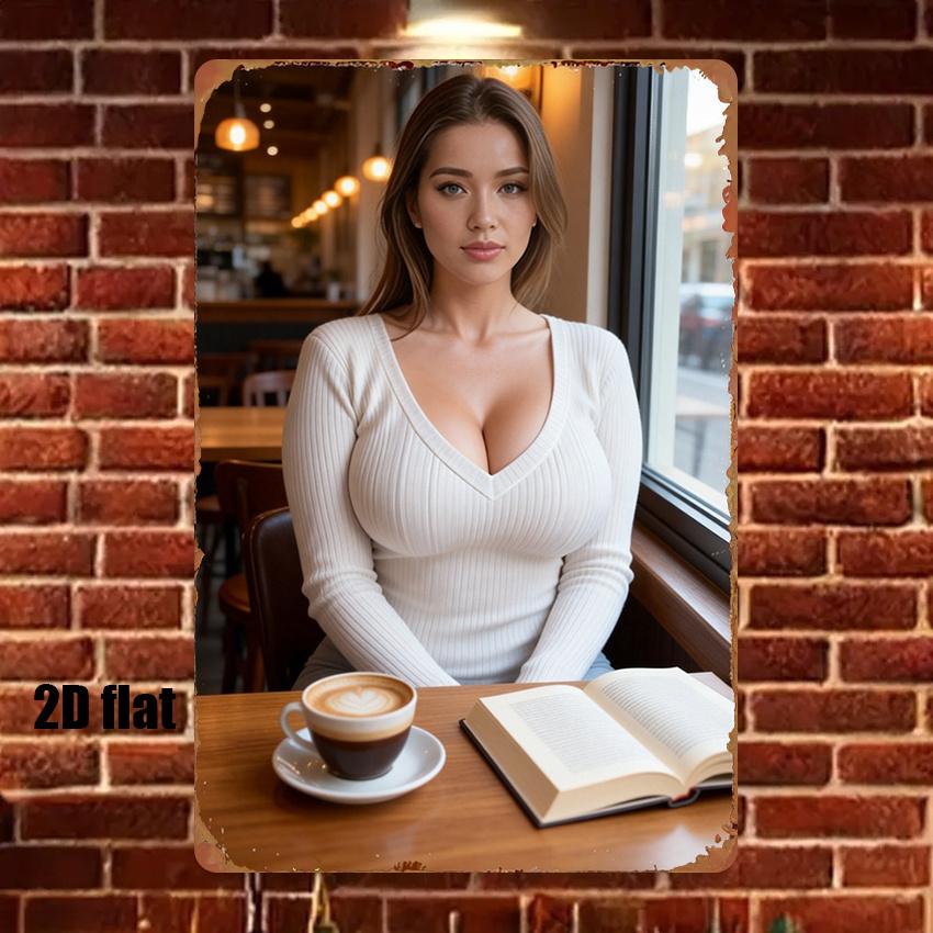 Metal Wall Art Coffee Sign Vintage Cafe Scene with Book Mug x Inch Rustic Decor for Home Garden Bar Garage