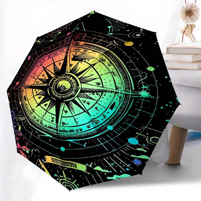 

1pc Automatic Opening Folding Umbrella - Compass Rose Design with Neon Colors (Pink, Green, Blue, Yellow, Black) - Portable Tr Iron&8K